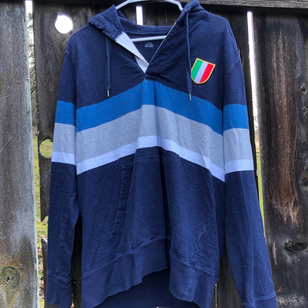 Large blue, white, and grey sweatshirt